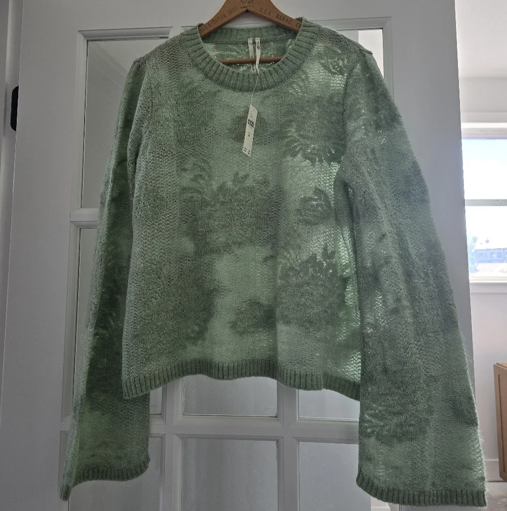 ANTHROPOLOGIE Feminine Mint Green Floral Brocade Fancy Knit Sweater NWT SRP$118